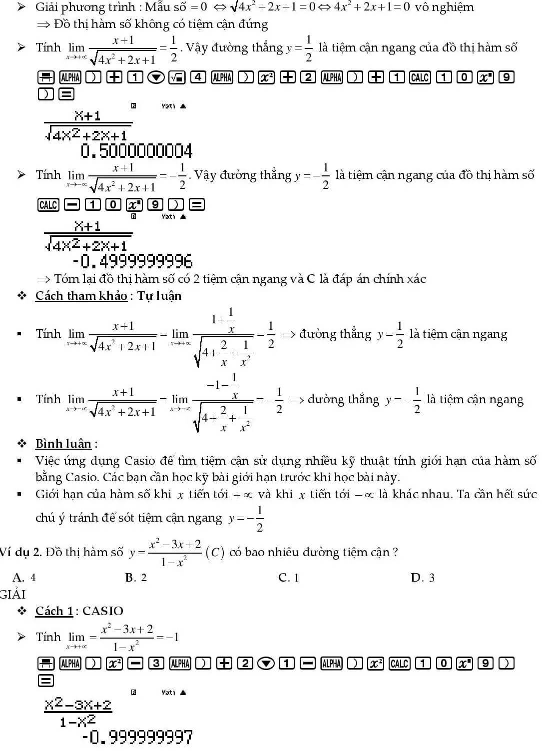 Minh họa sử dụng phím CALC và nhập giá trị giới hạn phải 2 + 10^-9 trên Casio FX-580VNX
