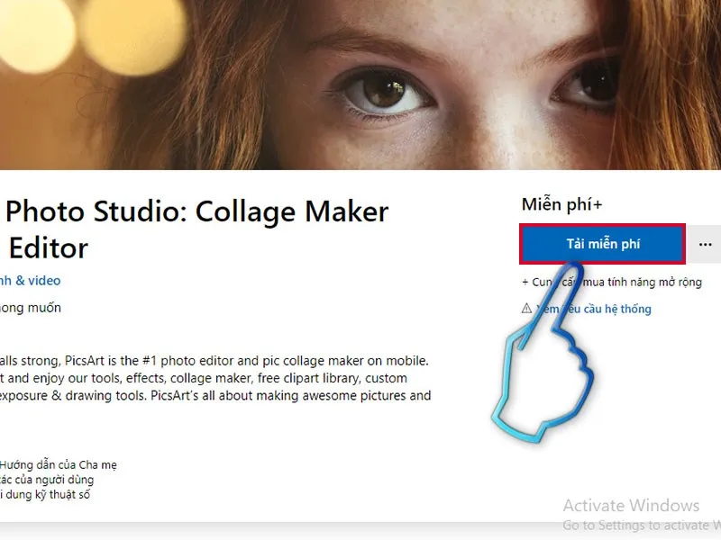 Nút 'Get' hoặc 'Tải miễn phí' để bắt đầu quá trình cài đặt Picsart PC