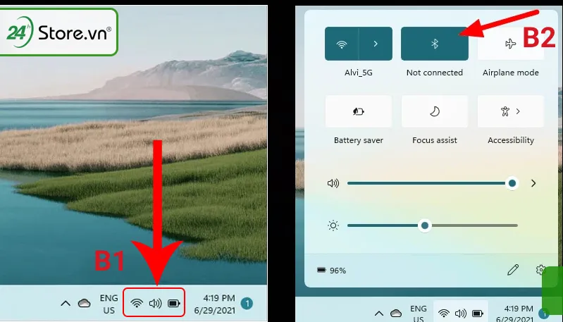 Nhấp chuột phải vào Action Center và chọn biểu tượng Bluetooth và bật lên