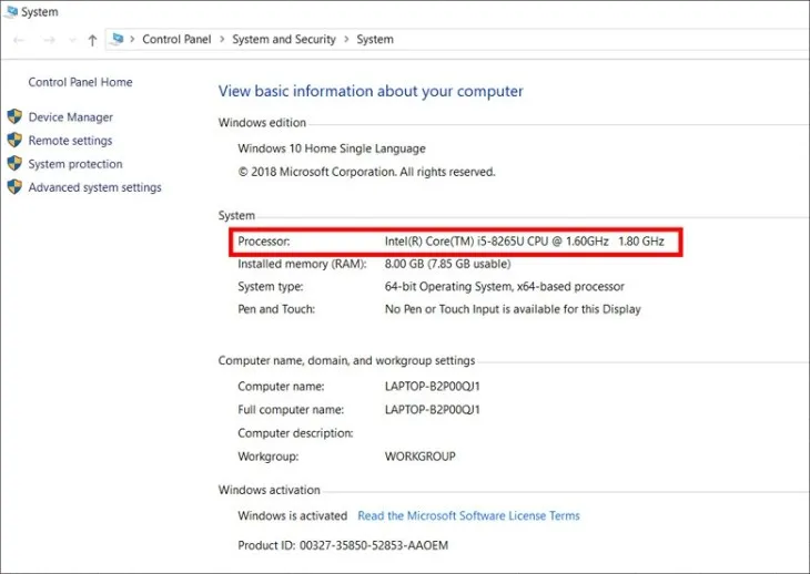 Màn hình System Properties hiển thị thông tin cách kiểm tra tốc độ máy tính