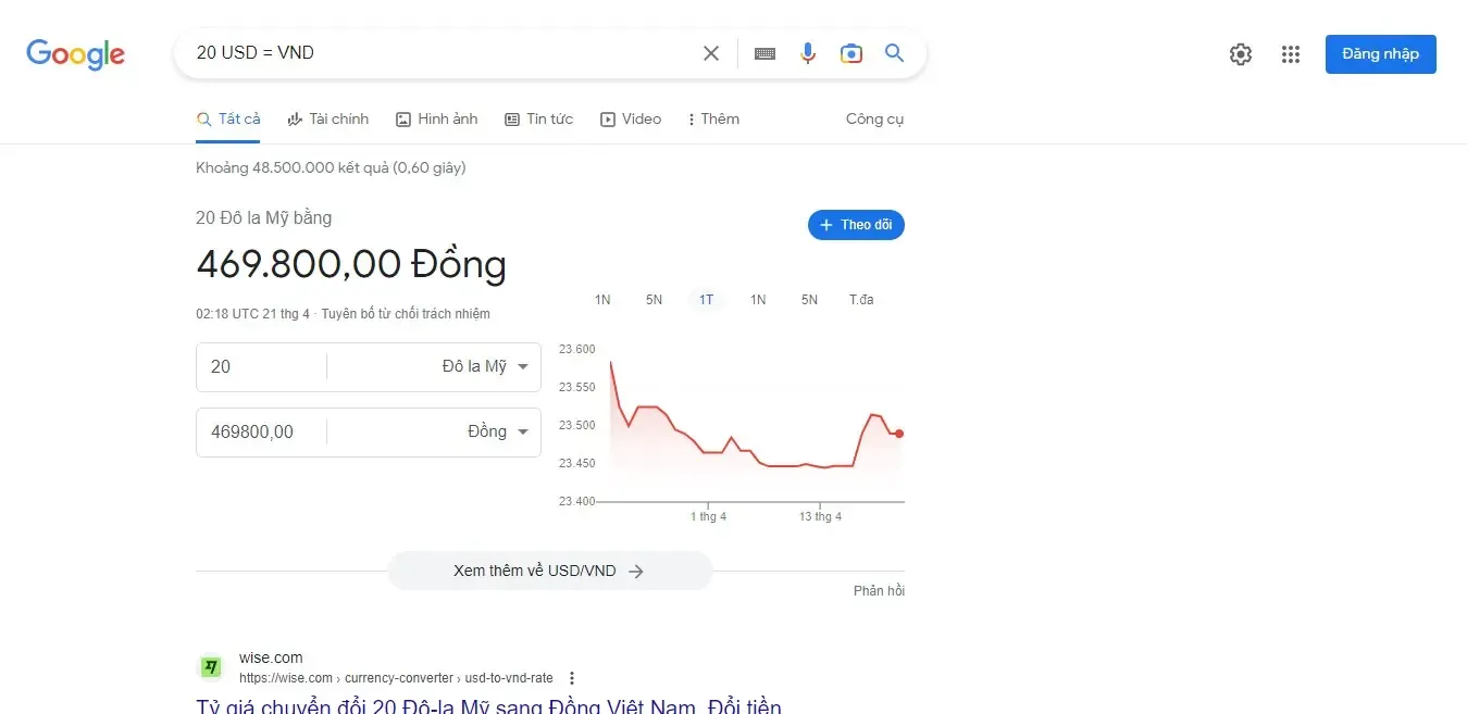 Chuyển đổi đơn vị tiền tệ 20 USD = VND