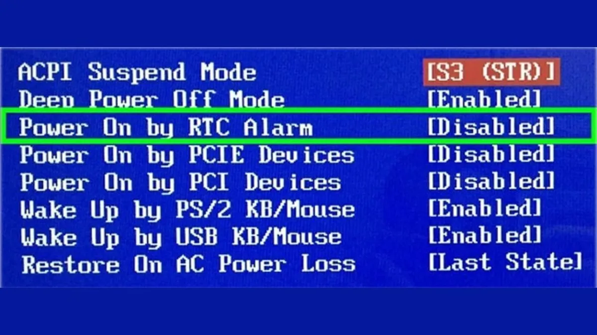 Xác định tùy chọn RTC Alarm hoặc Power On Alarm trong giao diện cài đặt BIOS để thực hiện cách hẹn giờ máy tính Win 10.