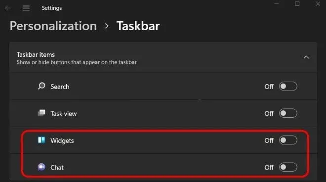 Hướng dẫn cách giảm ram máy tính bằng việc vô hiệu hóa Widgets và Chat trong Taskbar Settings