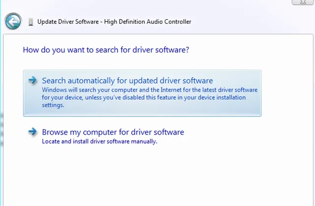 Các tùy chọn Search automatically và Browse my computer để cập nhật driver âm thanh