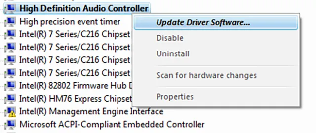 Màn hình Update Driver Software cho bộ điều khiển âm thanh độ nét cao