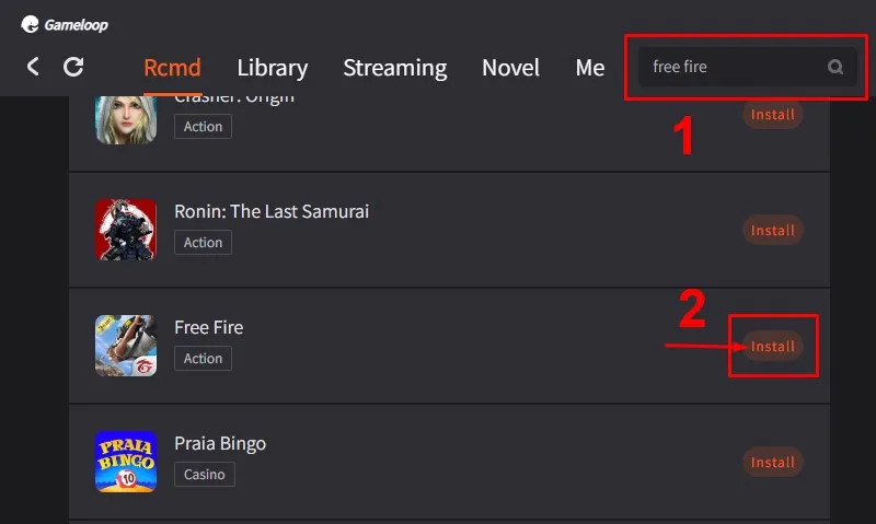 Tìm kiếm và cài đặt Garena Free Fire trong giao diện Gameloop