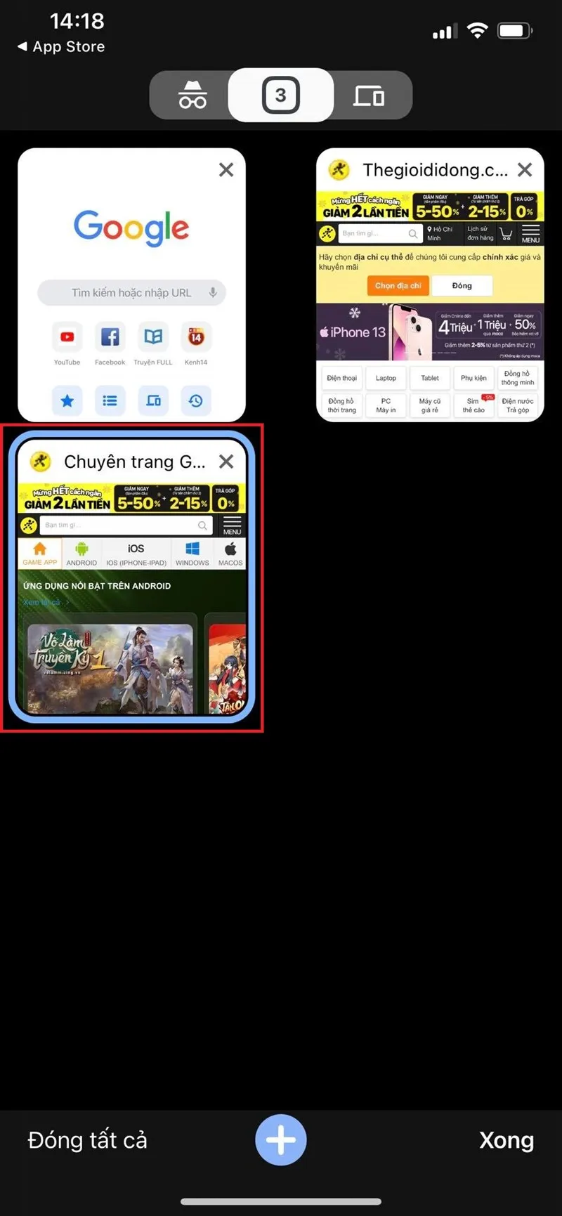 Màn hình quản lý các tab đang hoạt động trên hệ điều hành iOS