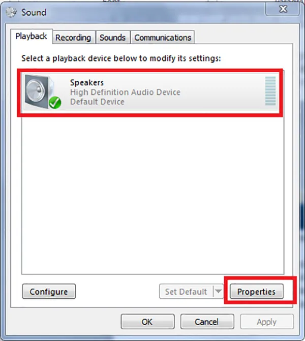 Menu chuột phải Speakers chọn Properties để tùy chỉnh loa