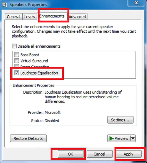 Thẻ Enhancements trong Speakers Properties bật Loudness Equalization