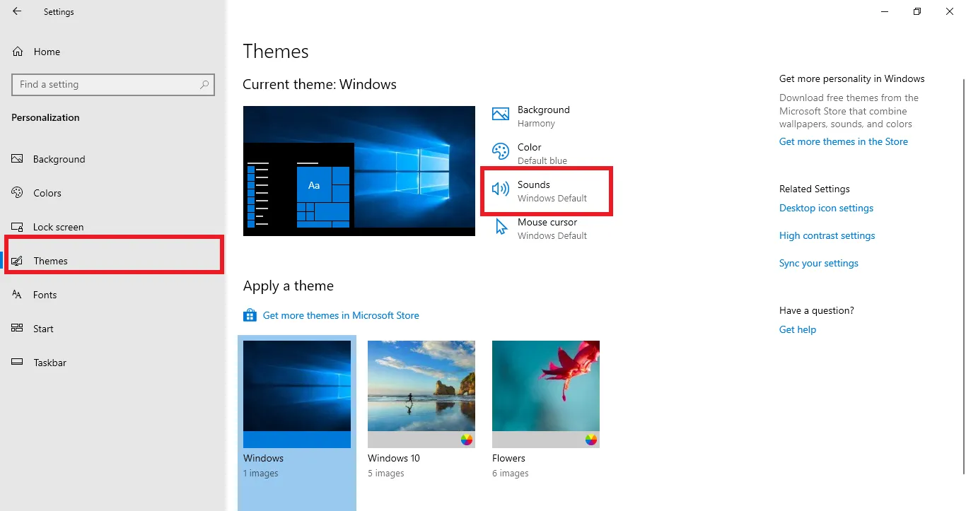 Chọn mục Sounds trong cài đặt cá nhân hóa Windows để mở hộp thoại Sound