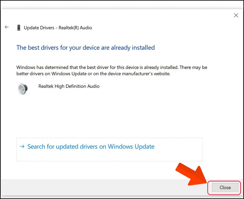 Thông báo hoàn tất cập nhật driver âm thanh Realtek cho máy tính