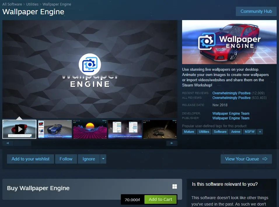 Giao diện chính của phần mềm Wallpaper Engine, công cụ cài đặt hình nền động phổ biến.