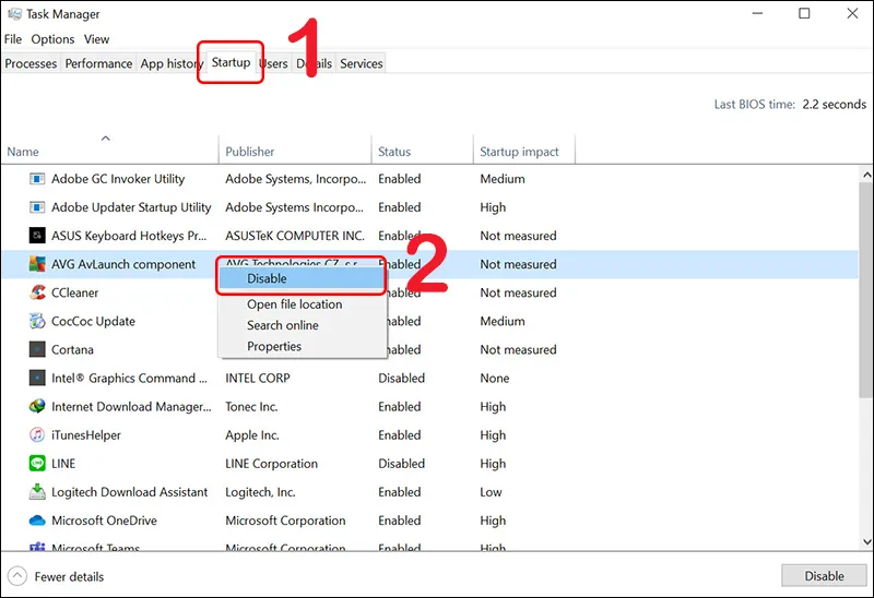 Vô hiệu hóa ứng dụng tự khởi động trong tab Startup của Task Manager để tránh xung đột hệ thống