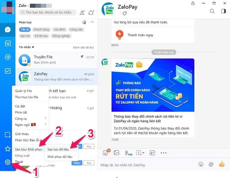 Thao tác truy cập menu Cài đặt và chọn mục Sao lưu/Khôi phục trên Zalo PC