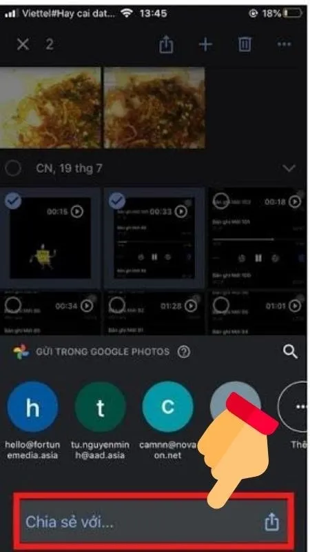 Các tùy chọn chia sẻ file đã chọn trên Google Photos