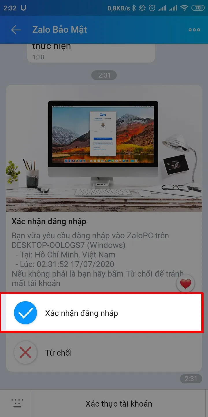 Xác nhận đăng nhập Zalo