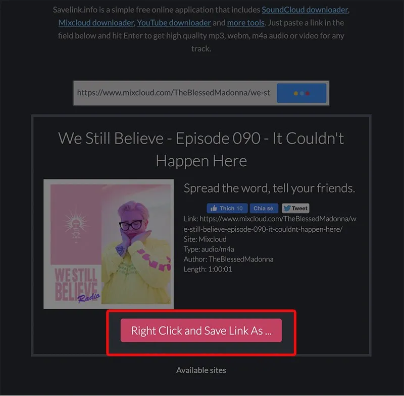 Chọn Right Click and Save Link As... để tiếp tục quá trình tải nhạc Mixcloud