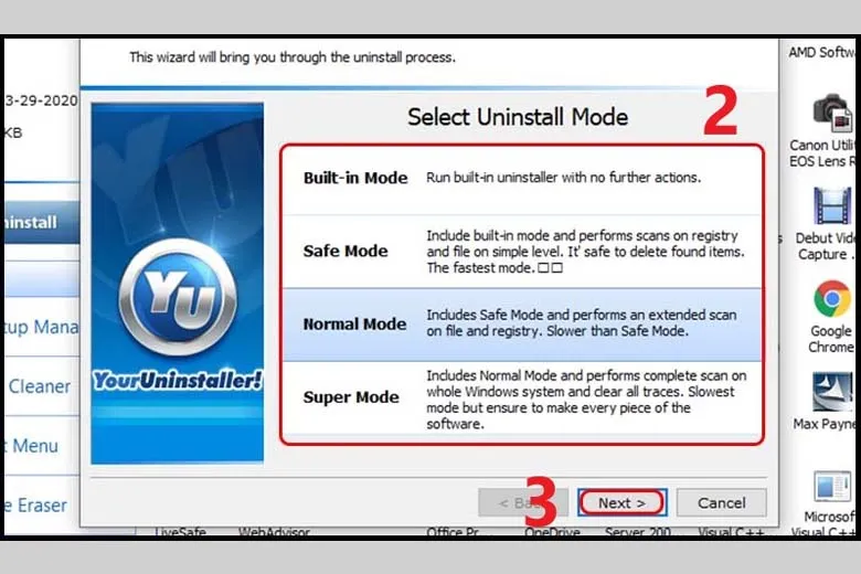 Giao diện Your Uninstaller, lựa chọn ứng dụng cần gỡ bằng cách nhấp đúp chuột