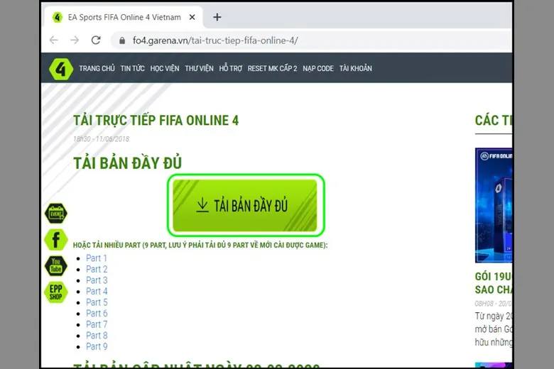 Màn hình tải bản đầy đủ game FIFA Online 4 từ trang chủ