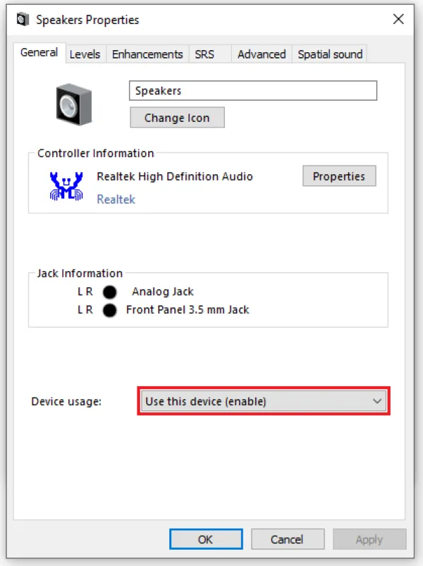 Kích hoạt (Enable) thiết bị âm thanh đang bị tắt trong mục Properties để mở loa trên máy tính