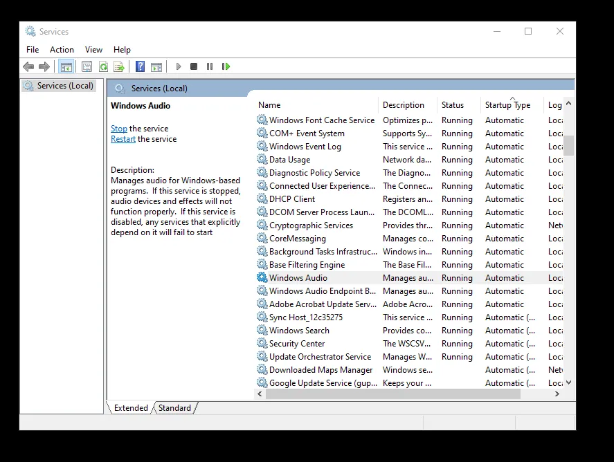 Đảm bảo dịch vụ Windows Audio đang ở trạng thái Running để loa có thể hoạt động