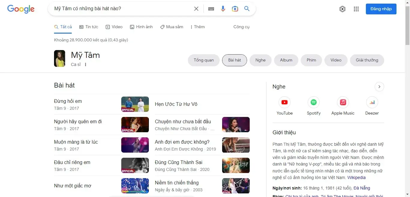 Tìm kiếm bài hát của một ca sĩ cụ thể “Mỹ Tâm có những bài hát nào?”