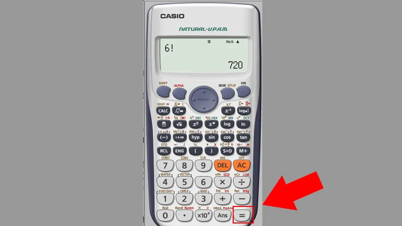 Kết quả của phép tính giai thừa 6! khi sử dụng cách bấm máy tính hoán vị