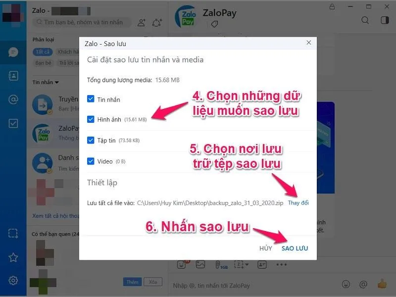 Thông báo xác nhận hoàn tất quá trình sao lưu dữ liệu Zalo trên máy tính