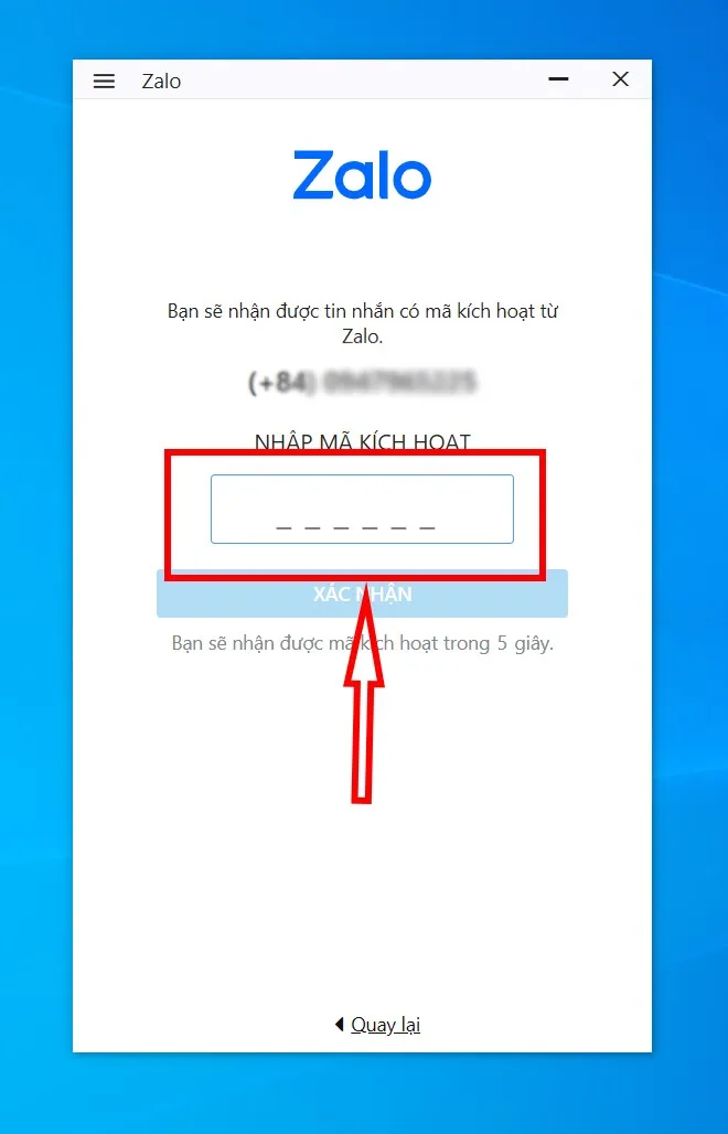 Nhập Mã kích hoạt Zalo