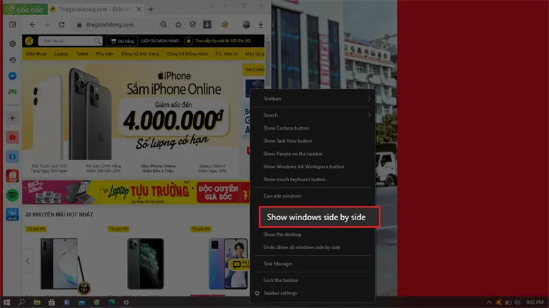 Menu chuột phải trên Taskbar để chọn chia màn hình tự động
