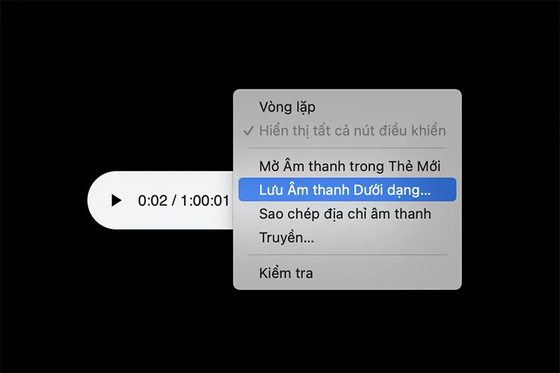 Nhấn giữ Control và trỏ chuột vào file âm thanh, chọn Lưu âm thanh thành...