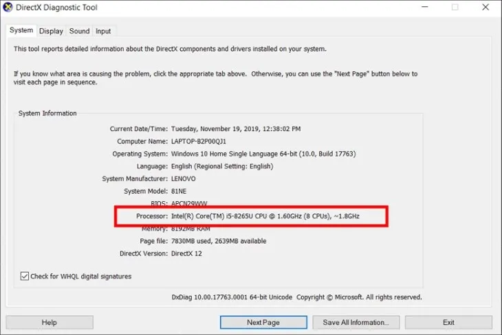 Giao diện DirectX Diagnostic Tool hiển thị thông số tốc độ bộ xử lý