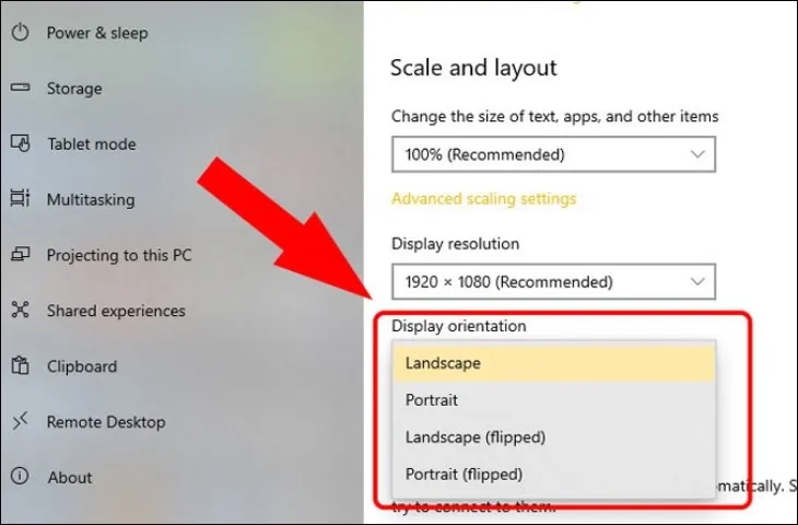 Giao diện Display Settings trên Windows 10 giúp người dùng khắc phục màn hình máy tính bị xoay ngang.
