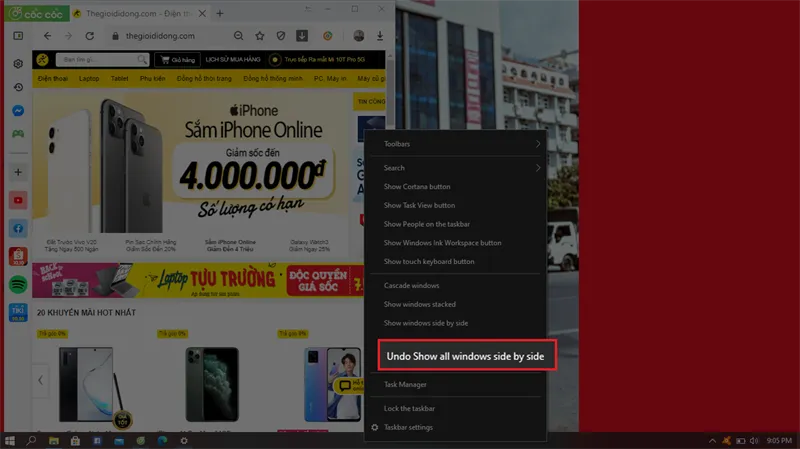 Thao tác Undo Show all windows side by side trên Taskbar để quay lại chế độ màn hình bình thường