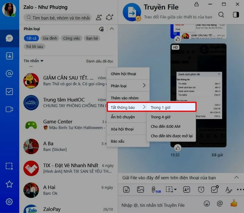 Tắt thông báo cuộc hội thoại trong Zalo PC
