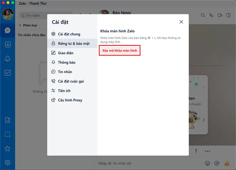 Tùy chọn xóa mã khóa màn hình Zalo PC trong phần cài đặt bảo mật