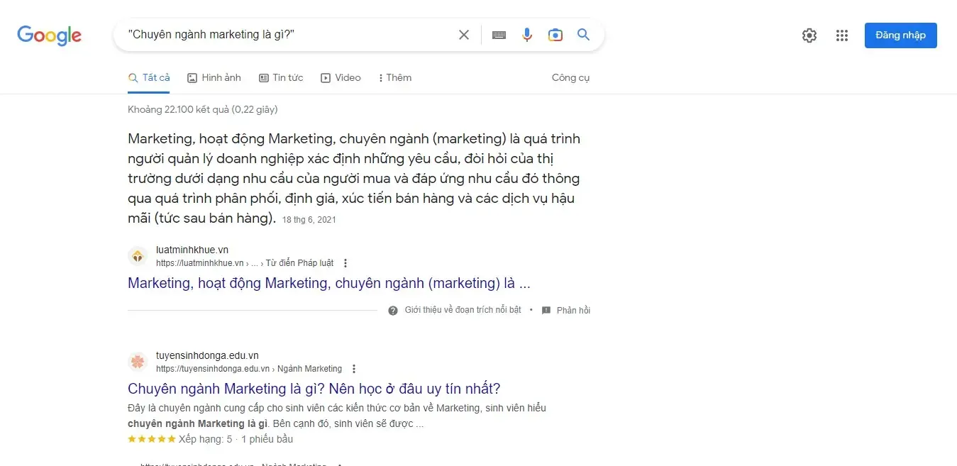 Sử dụng dấu ngoặc kép (“”) để tìm kiếm cụm từ “Chuyên ngành marketing là gì”