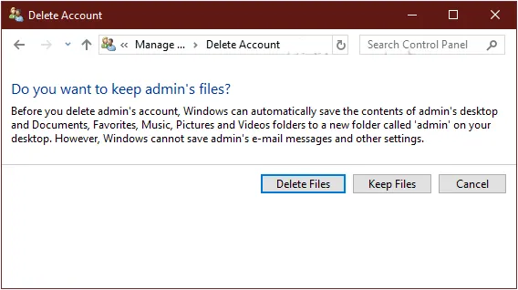 Các bước xóa tài khoản User trên máy tính thông qua mục User Accounts trong Control Panel.