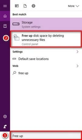 Nhập Free up và chọn kết quả phù hợp