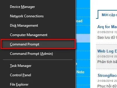 Chọn Command Prompt Admin từ menu Window + X