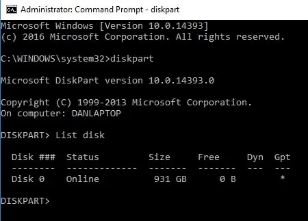Nhập diskpart và list disk