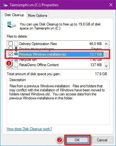 Chọn Previous Window installation(s) và OK để xóa Windows.old