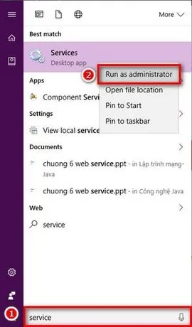 Nhập Services và Run as administrator