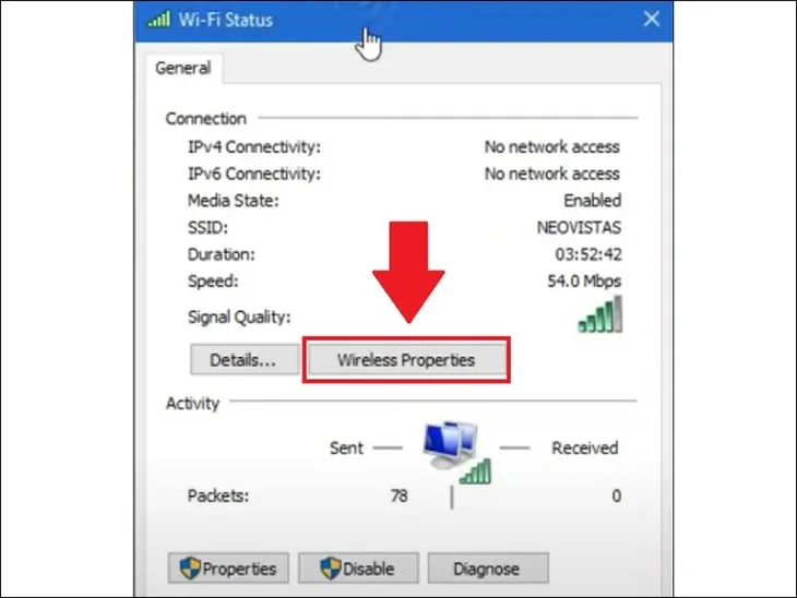 Bạn chọn mục Wireless Properties trong bảng Wifi Status