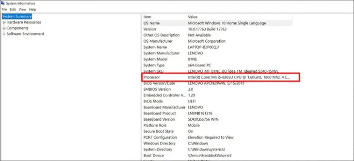 Màn hình System Information hiển thị chi tiết thông số bộ xử lý và tốc độ