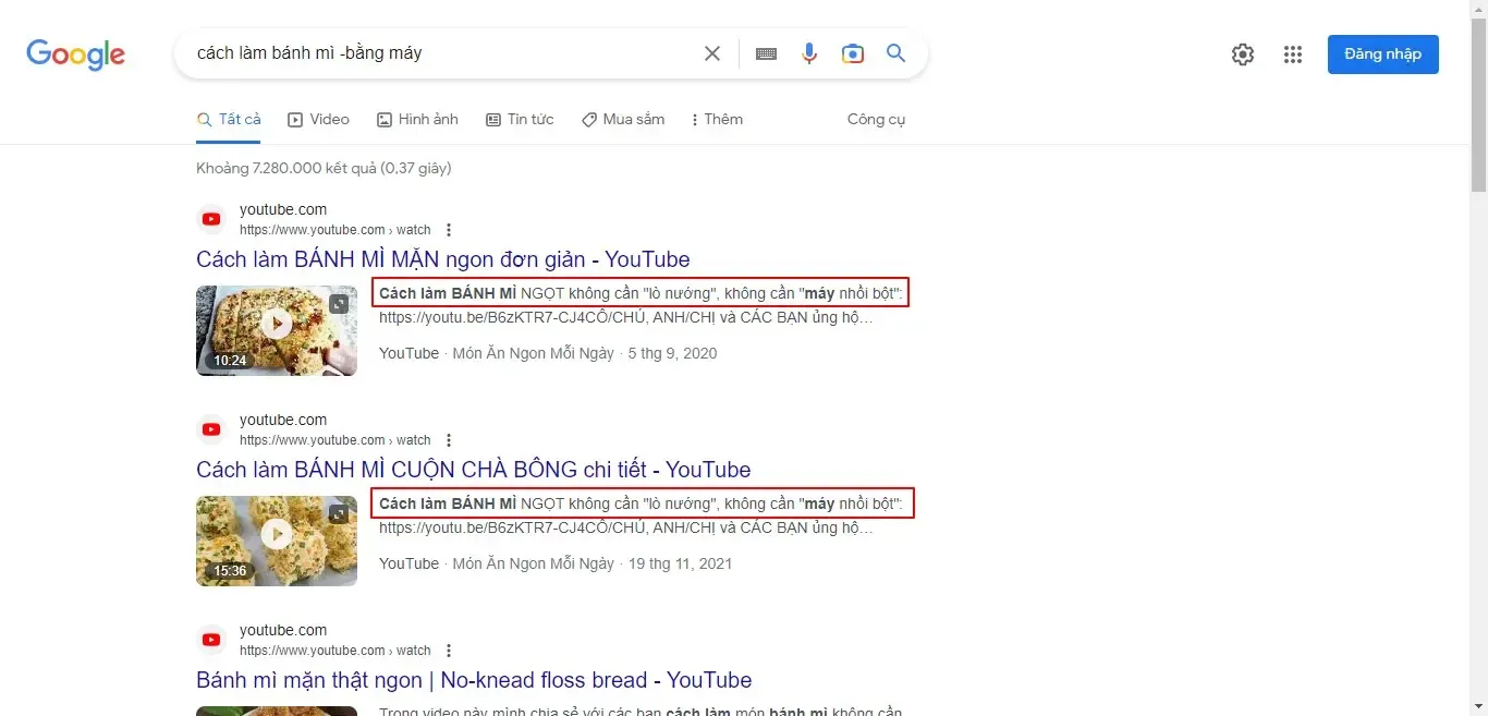 Sử dụng dấu trừ (-) để loại bỏ kết quả không cần thiết “cách làm bánh mì -bằng máy”