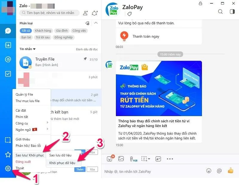 Chọn "Khôi phục dữ liệu" trong menu cài đặt để bắt đầu quy trình phục hồi tin nhắn zalo