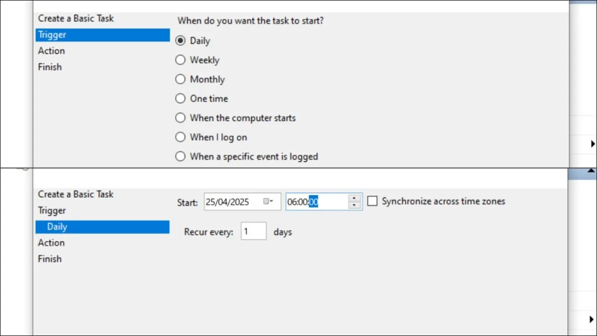 Thiết lập Trigger theo lịch trình (On a schedule) để xác định thời điểm máy tính tự động bật.