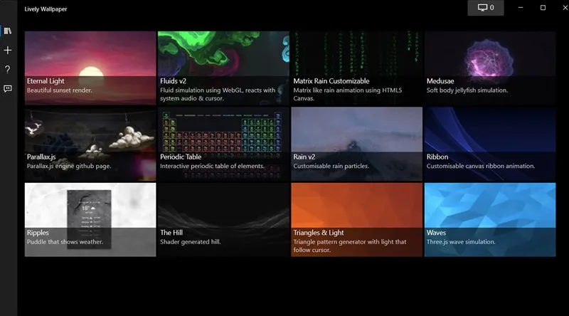 Giao diện chọn mẫu hình nền động có sẵn trong thư viện Lively Wallpaper