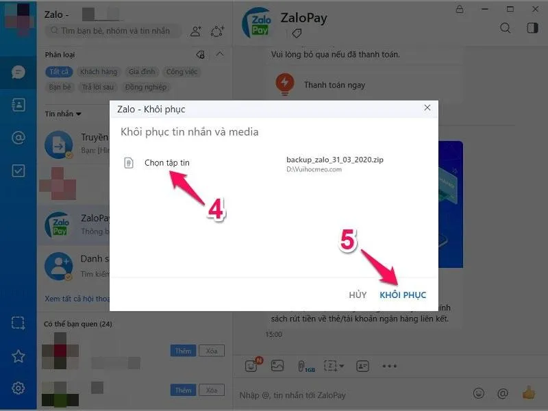 Chọn tệp tin sao lưu (.zalo) đã lưu trữ để phục vụ quá trình cách phục hồi tin nhắn zalo trên máy tính